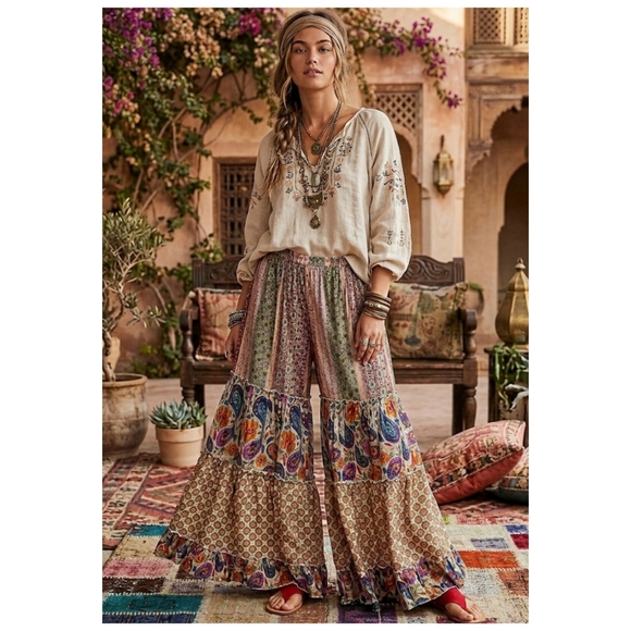 POL Boho Wide-Leg Palazzo Patchwork Pants - Beige, Green & Multicolor - Picture 7 of 7